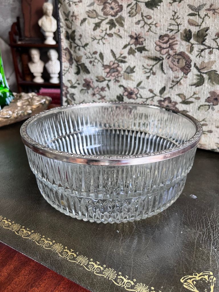Large Vintage Silver Coloured Rim Heavy Cut Crystal Bowl
