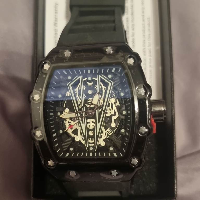 New Black Skeleton Dial Watch with Rubber Strap