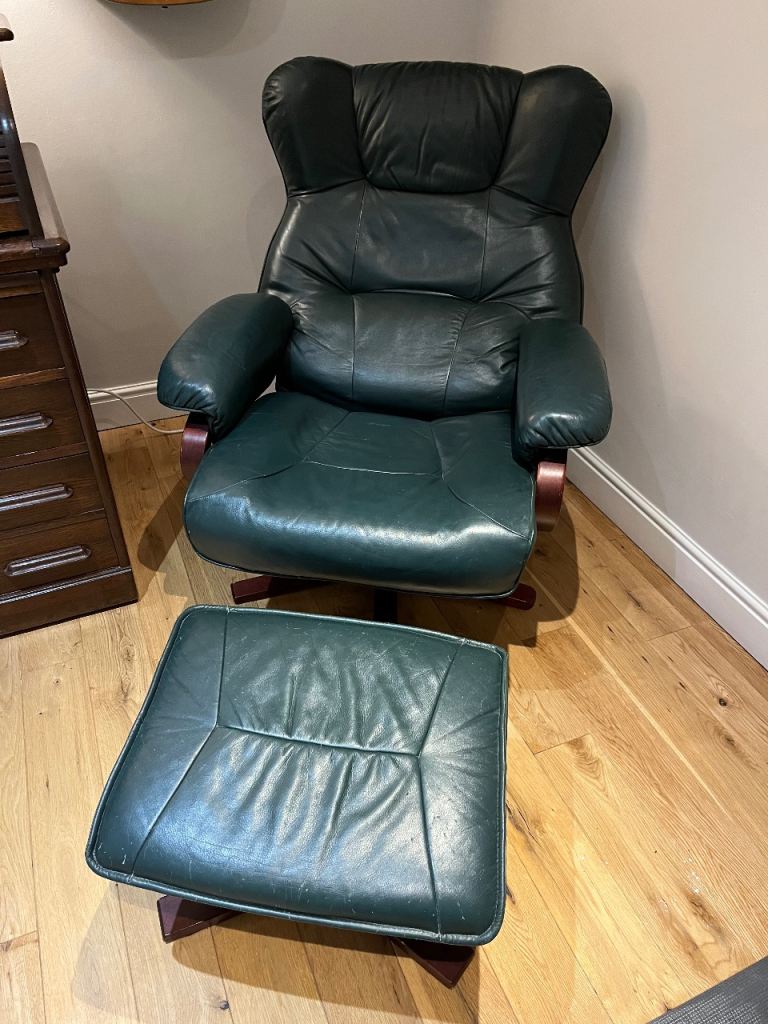 Onex Roma green leather reclining chair and foot stool