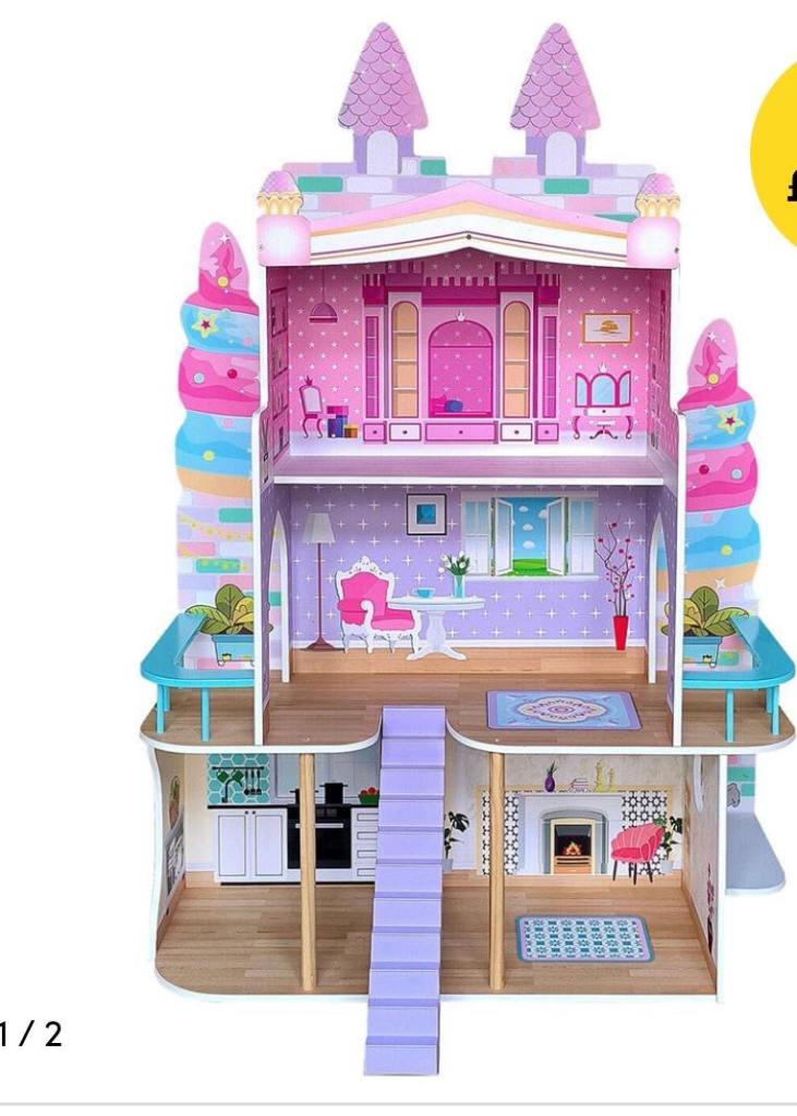 Multicoloured Wooden Dollhouse with Furniture – Good Condition