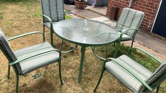 Green Metal Garden Table and Chairs Set with Glass Top