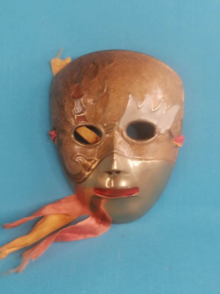 Vintage Masquerade Brass Tone Metal Mask Painted Wall Art Decor with ribbons