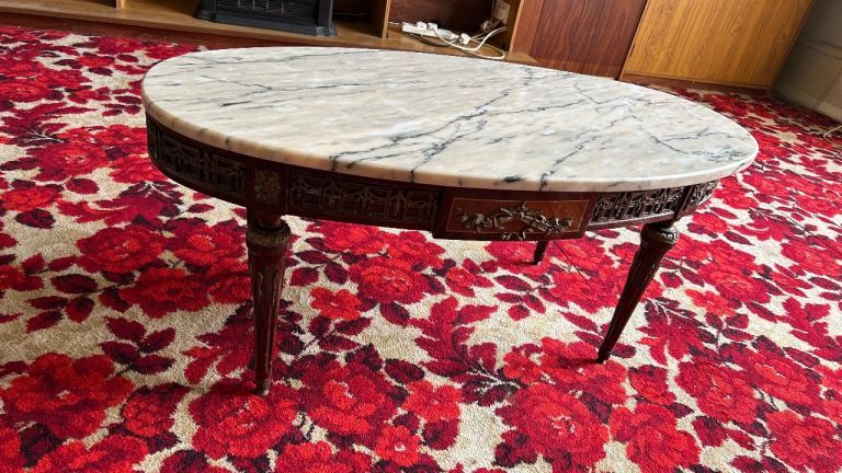 Beautiful Marble Top Coffee Table with Ornate Wood Base