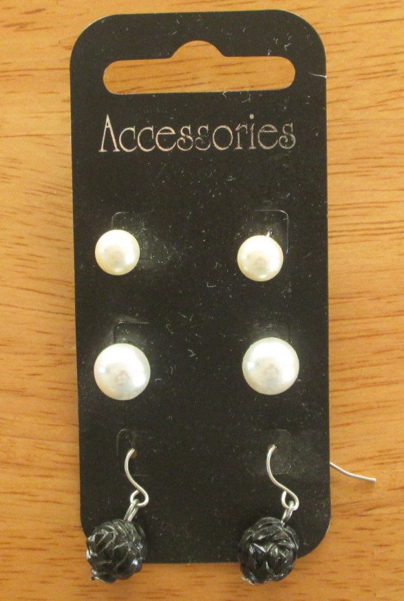 'ACCESSORIES' EARRINGS, 3 PAIRS, BRAND NEW ON CARD, PEARL & BLACK FLORAL