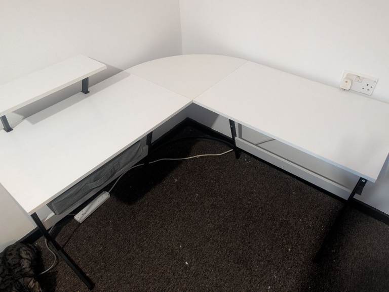 XL White Corner Desk with Tiered Monitor Shelf and Drawer