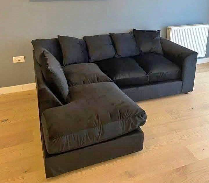 Dark Grey Plush Velvet  Corner Sofa -