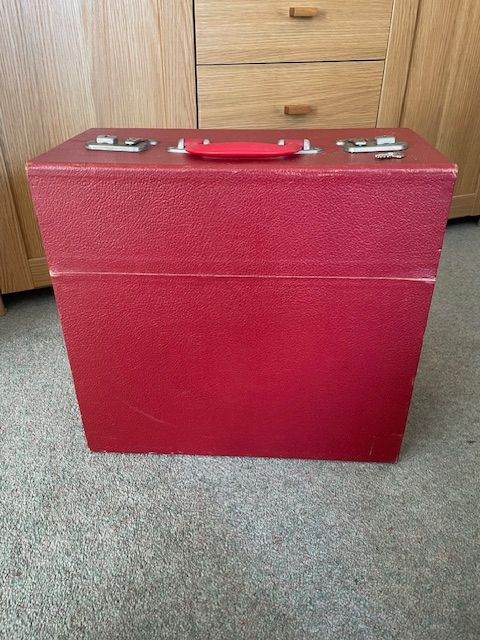 Vintage Red Rigid Structure record storage case to hold 12 inch vinyl LP records
