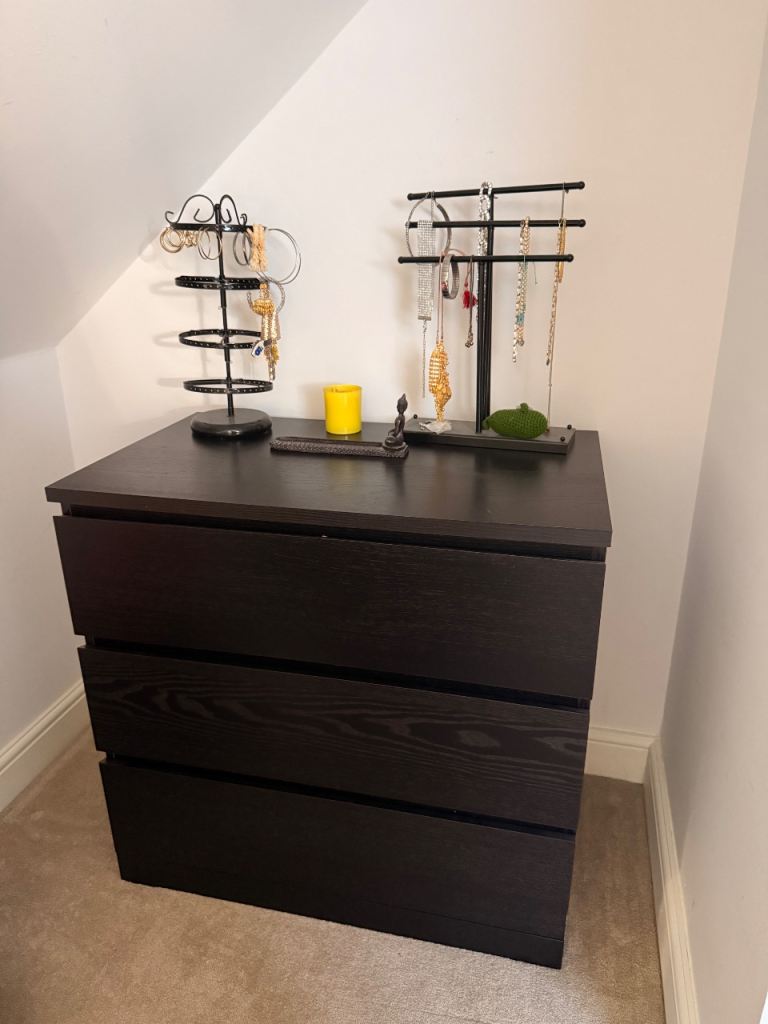 IKEA Malm Chest of 3 Drawers – Black Brown, Good Condition