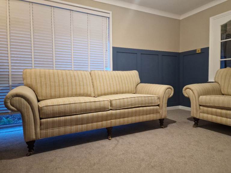 2 x Barker & Stonehouse Beige 3 seater sofas Rolled Edge arms traditional design striped linen