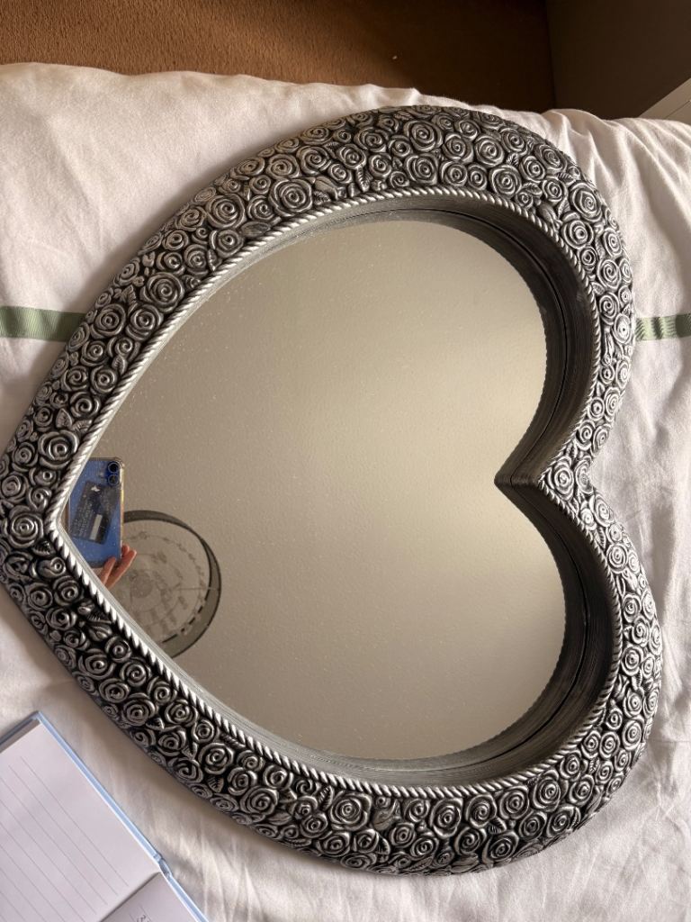 Heart Shaped Mirror with Rose Detail - Silver Colour