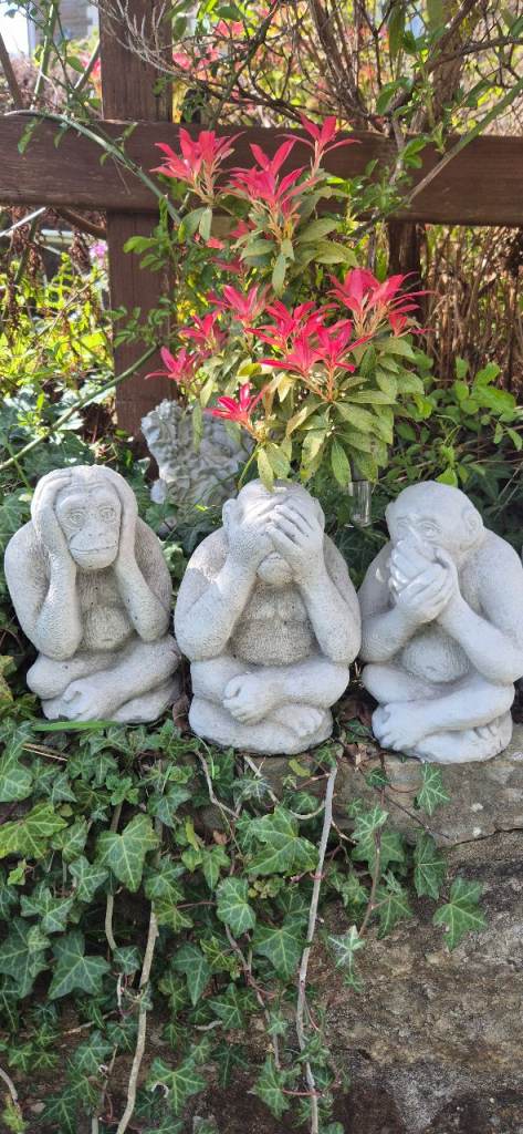 Three wise concrete monkeys 🐒 🙈 🙊  garden statue
