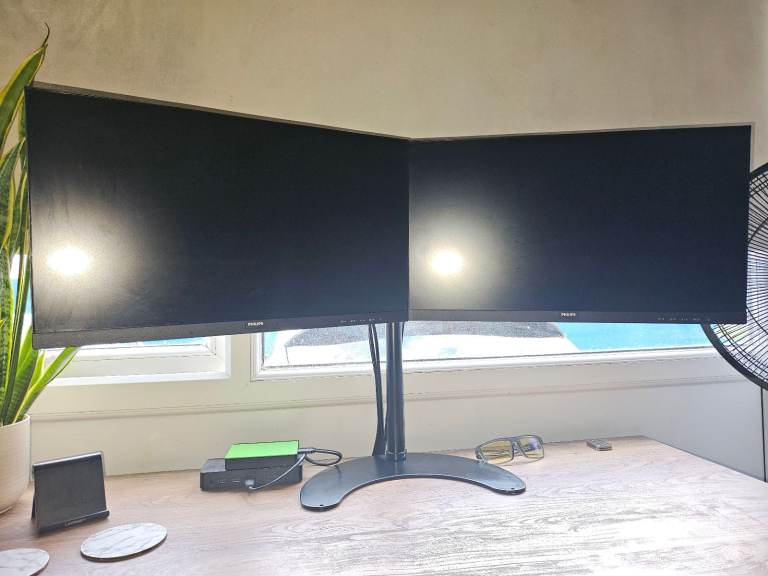 2x Philips 22" Full HD Monitors + Duronic Dual Monitor Stand – Complete Setup