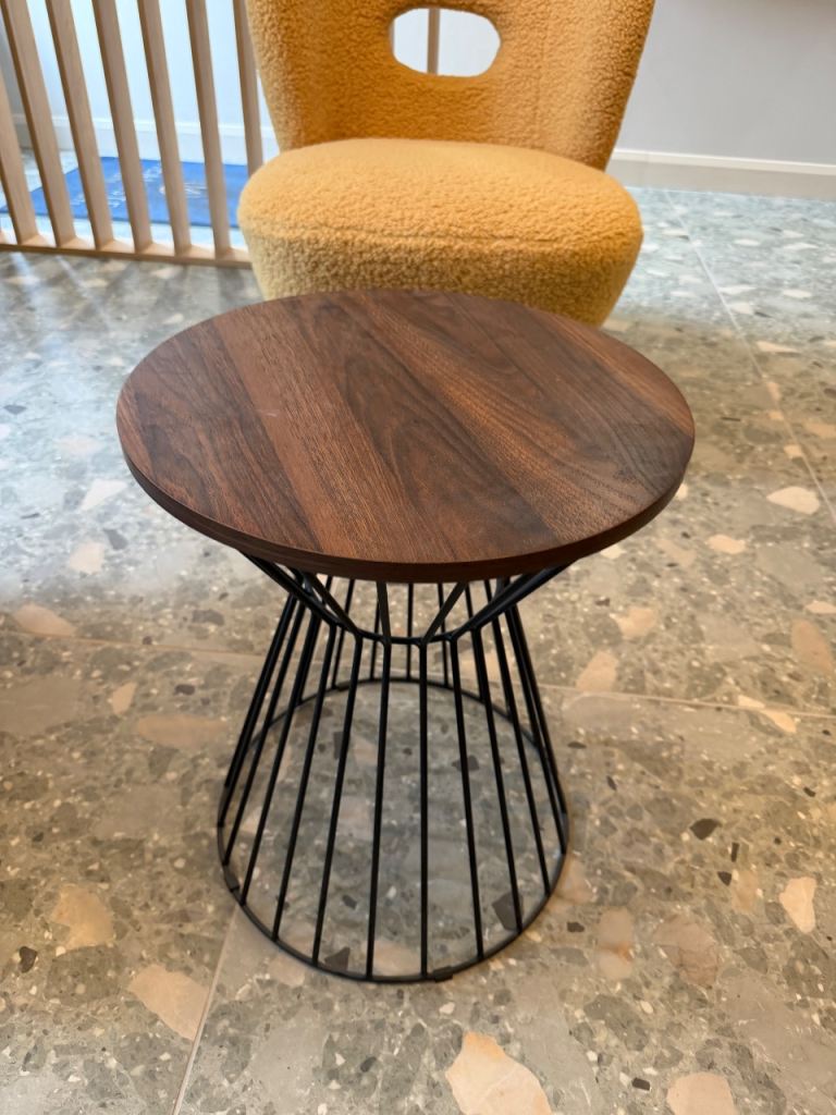 Round Side Table with Dark Wood Top and Metal Base