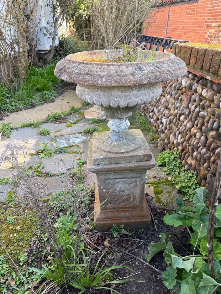 Concrete garden urns matching pair 