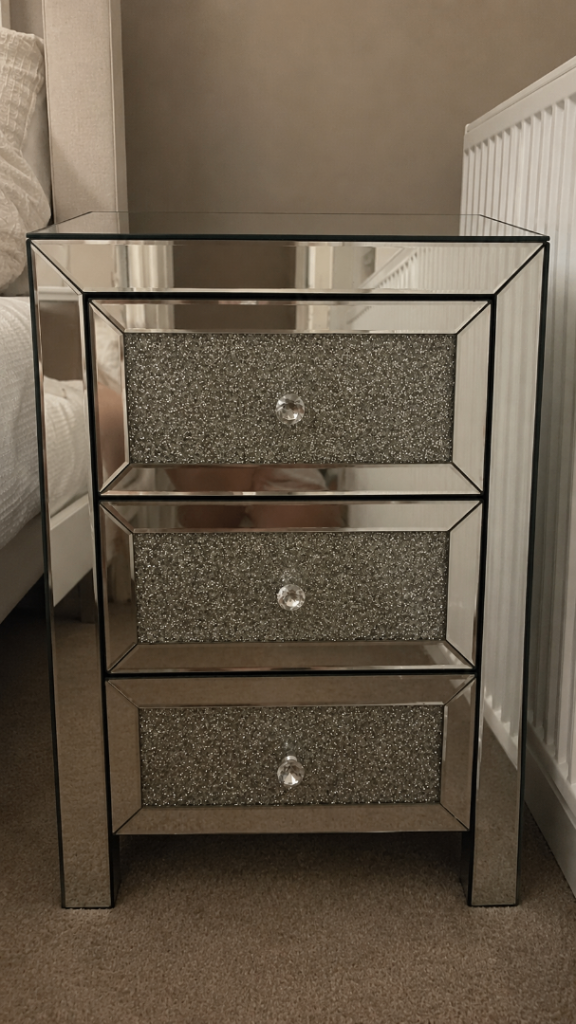 Pair of Mirrored Bedside Tables with Crystal Drawers