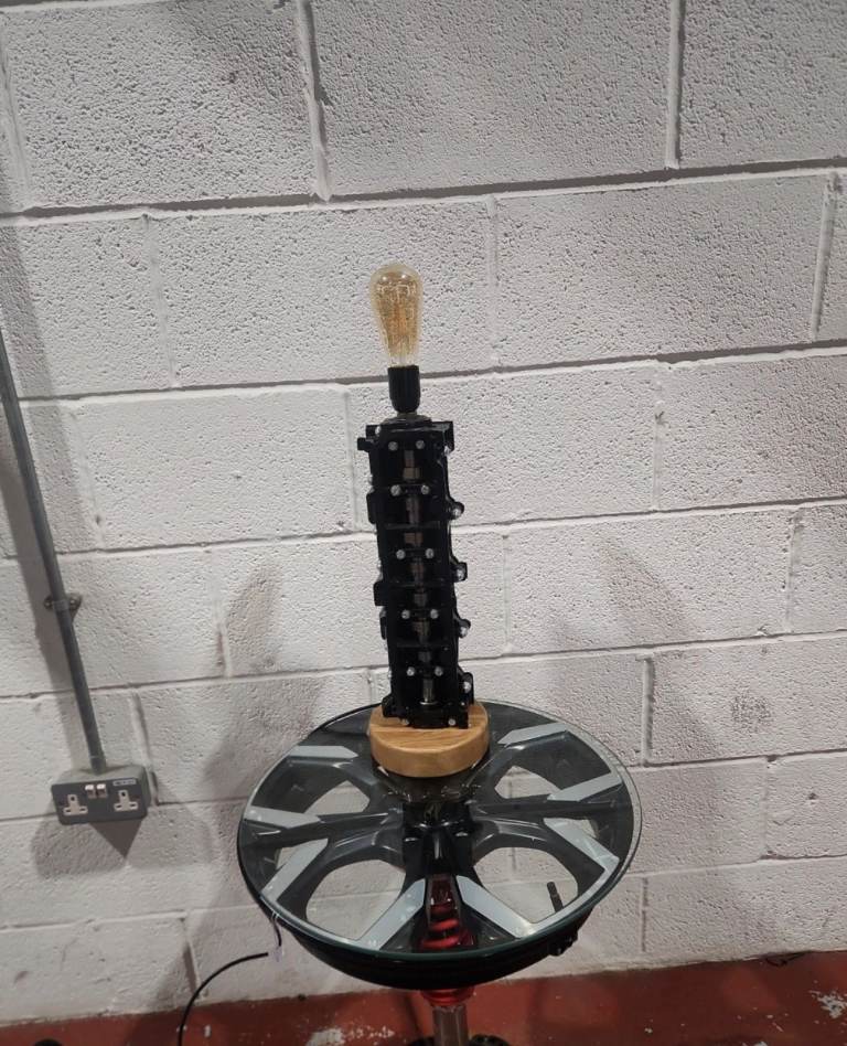 Industrial Handmade Peugeot Shaft Housing & Cam Shaft Mounted On Oak Base