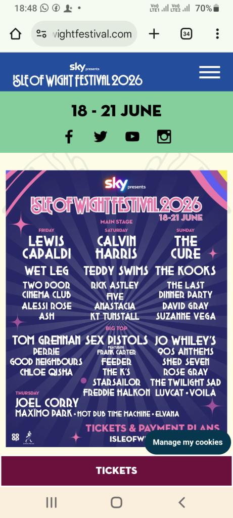 Isle of Wight Festival 2026 Ticket + Coach Travel, June 18-21