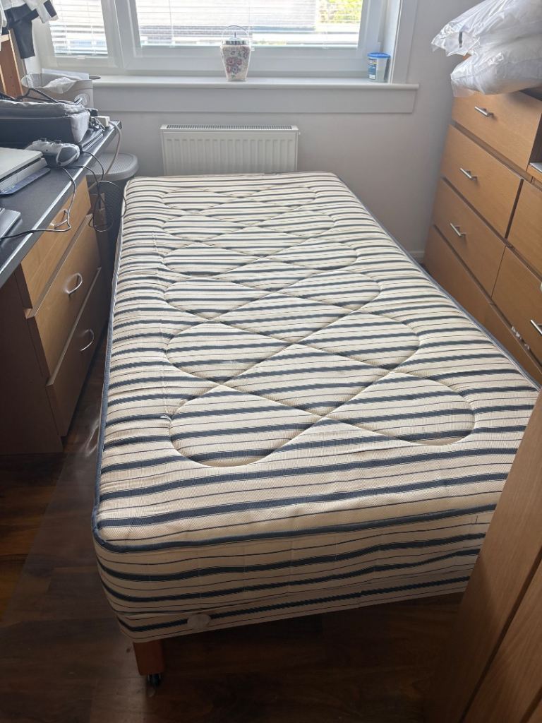 Single Bed Base and Mattress – Striped, Good Condition