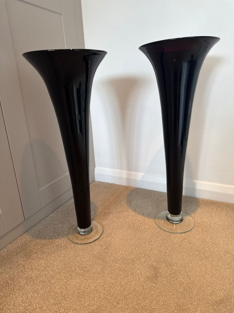 Pair of Tall Elegant Black Glass Trumpet Vases
