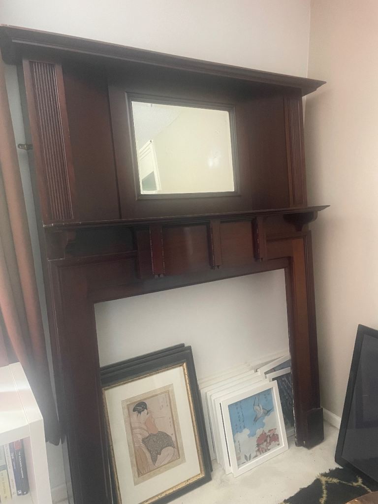 Antique vintage mahogany mirror fire surround 