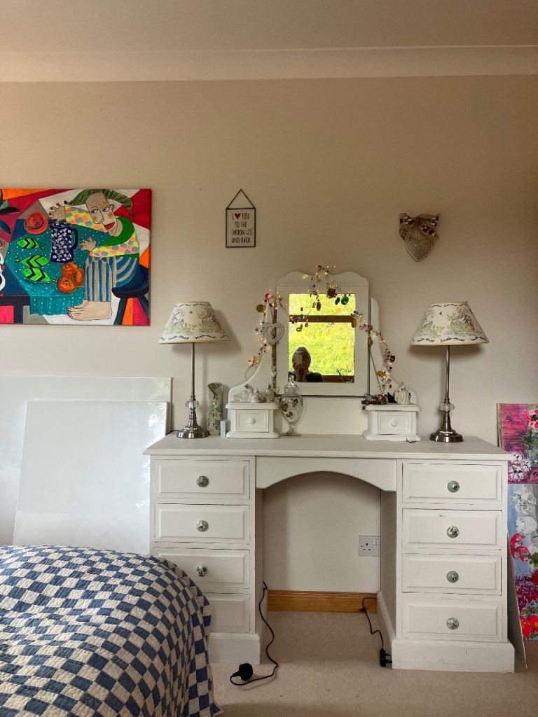 White Wooden Dressing Table with Mirror and Drawers