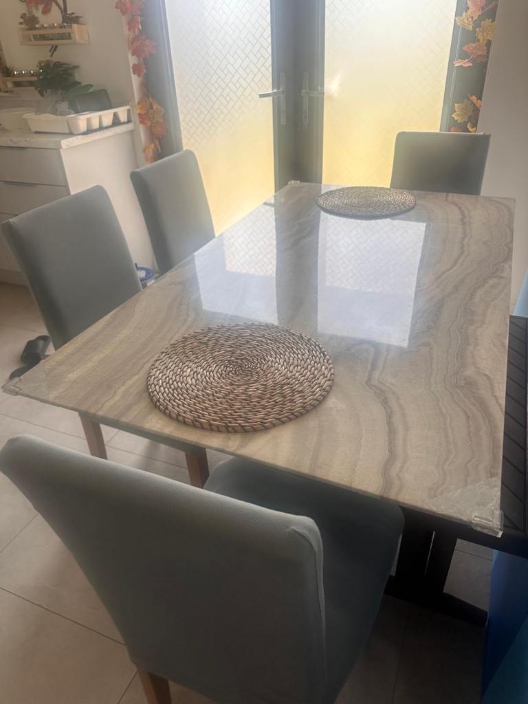Modern Marble Dining Table with Grey Chairs – Good Condition