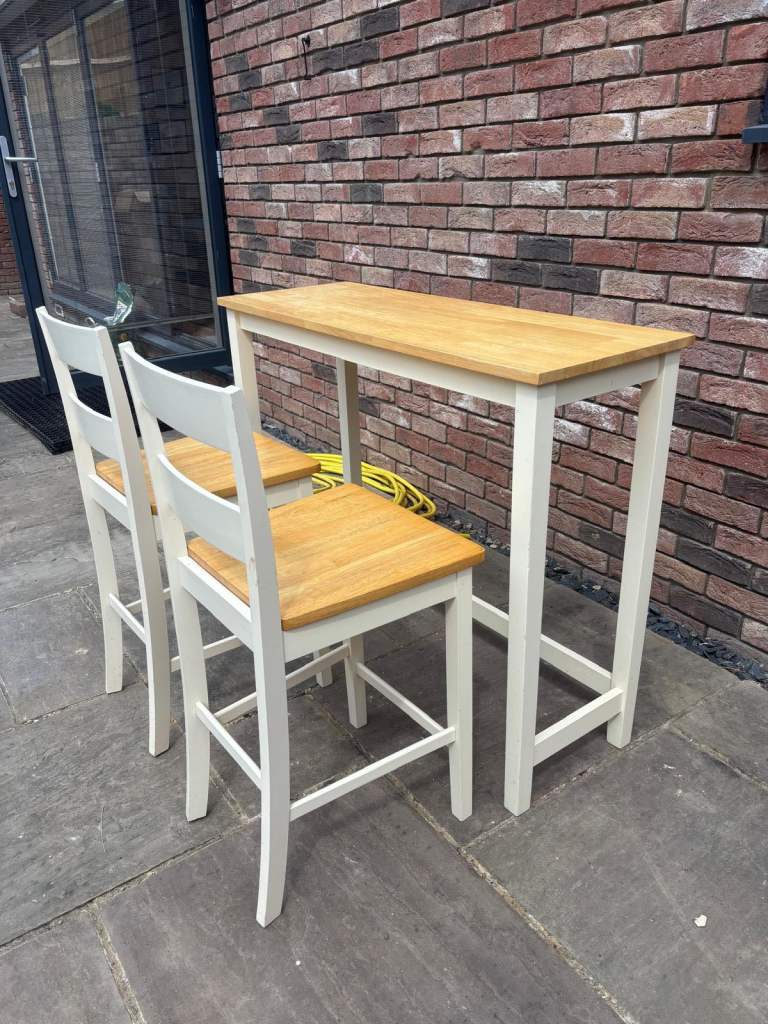 Wooden High Bar Table and Two Stools Set – Good Condition
