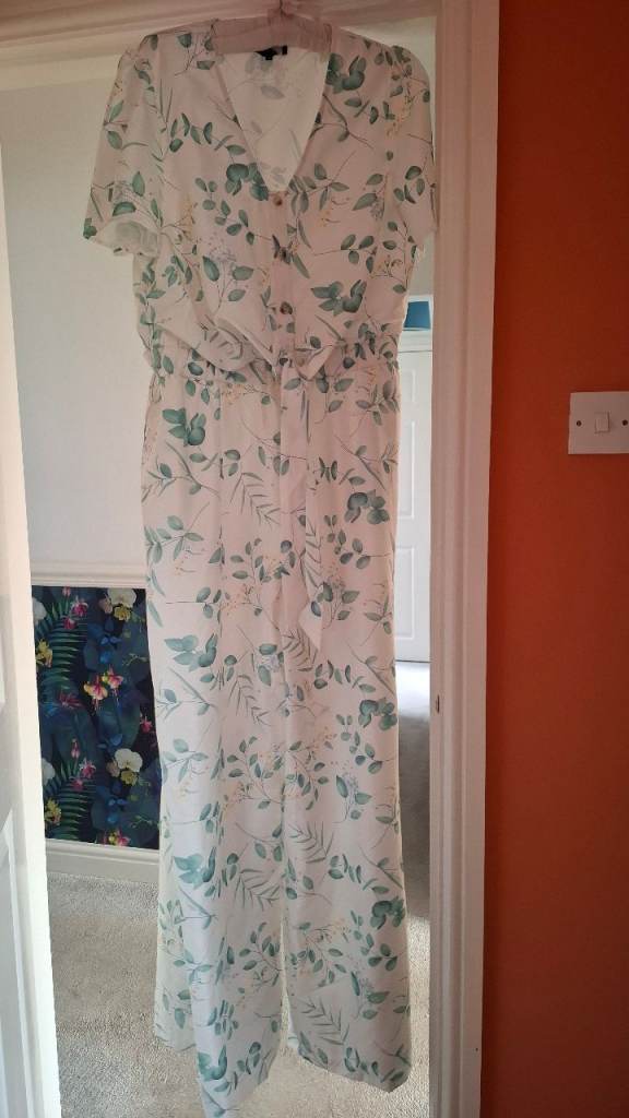 Lovely White Jumpsuit with Green Leaf Print – Brand New