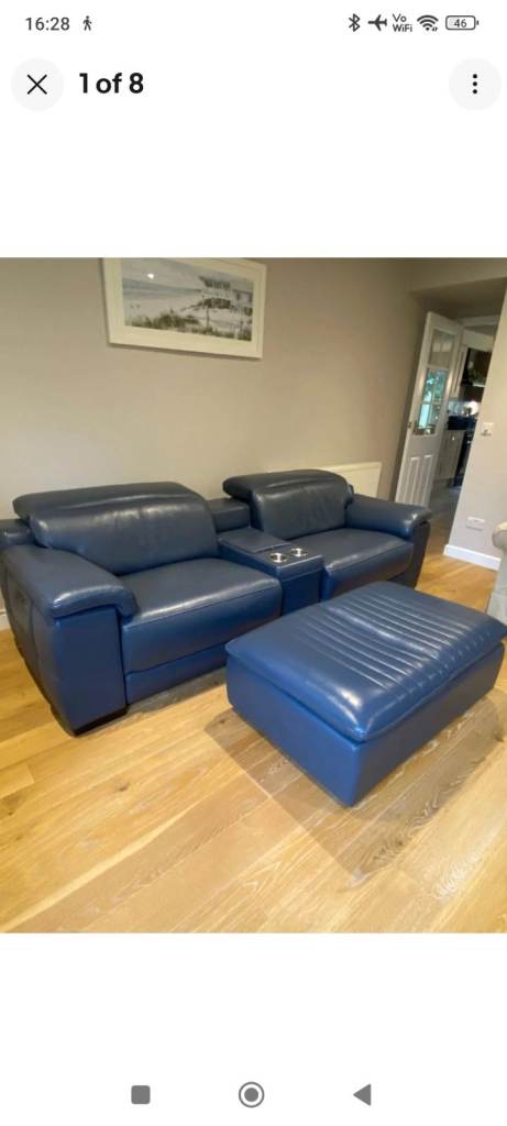 DFS/sofology blue leather recliner sofa with cup holder and storage footstool 