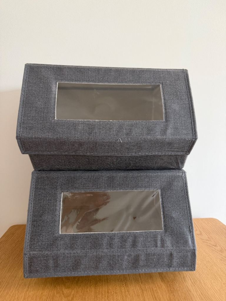 Two Brand NEW Grey Fabric Storage Boxes with Lids and Windows