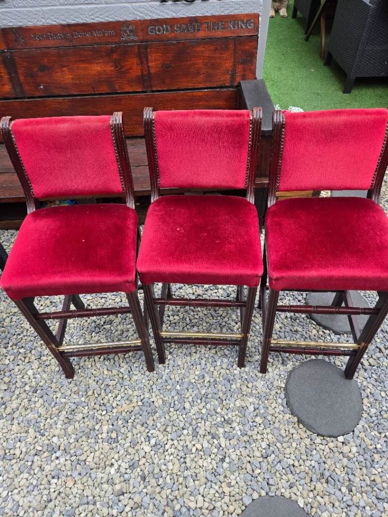 Three vintage Red Velvet Bar Stools – Good Condition