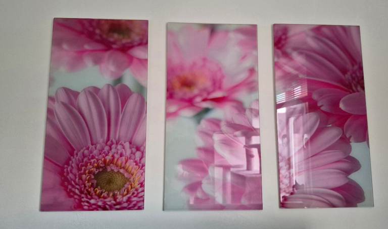 Set of 3 Pink Flower Wall Art Panels – Good Condition