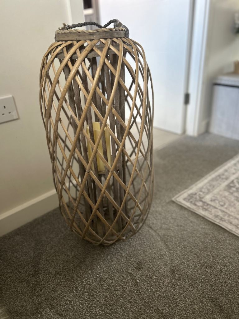 Large Woven Wood Lantern with Candle – Good Condition
