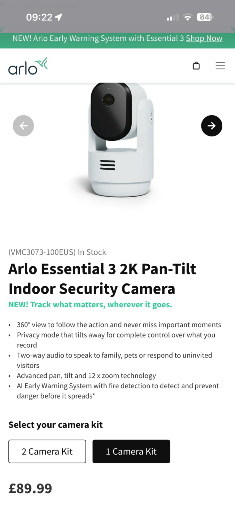 Arlo Essential 3, Indoor and Outdoor Security Camera Kit