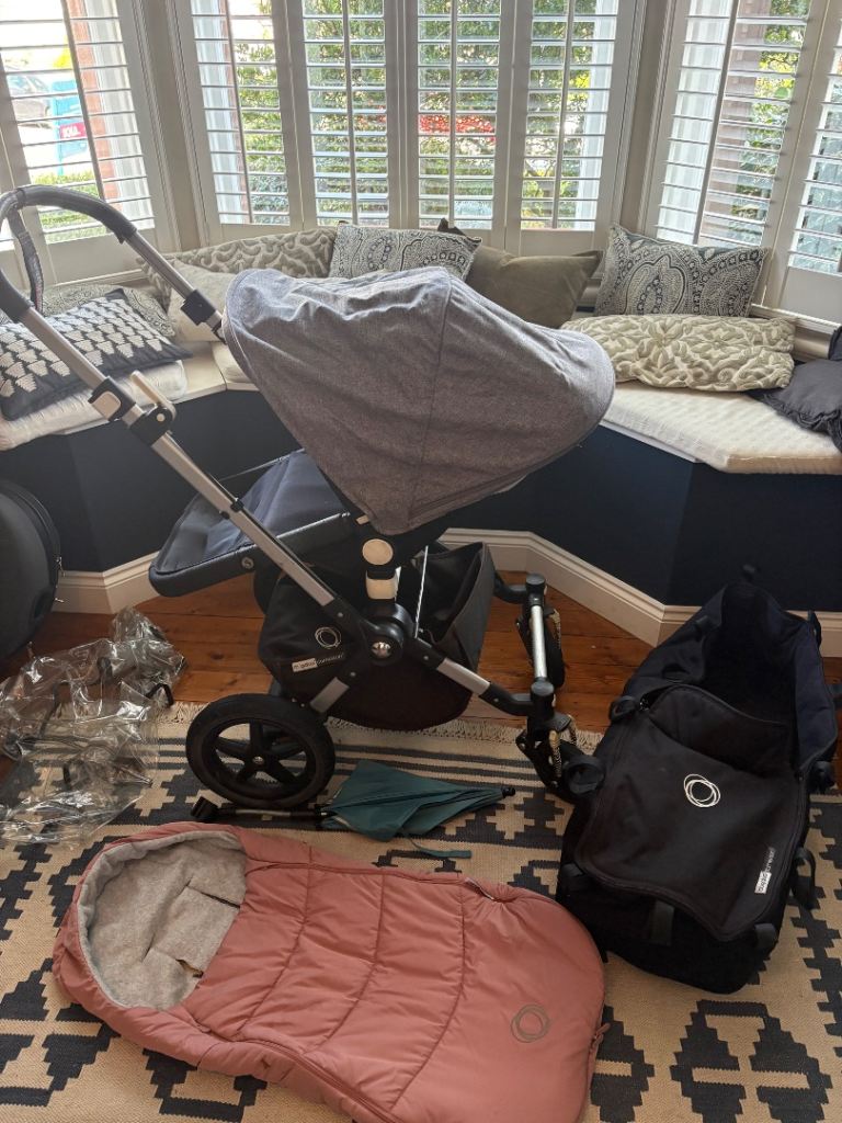 Bugaboo Cameleon 3 buggy with pink cocoon footmuff, grey melange canopy and other additions 