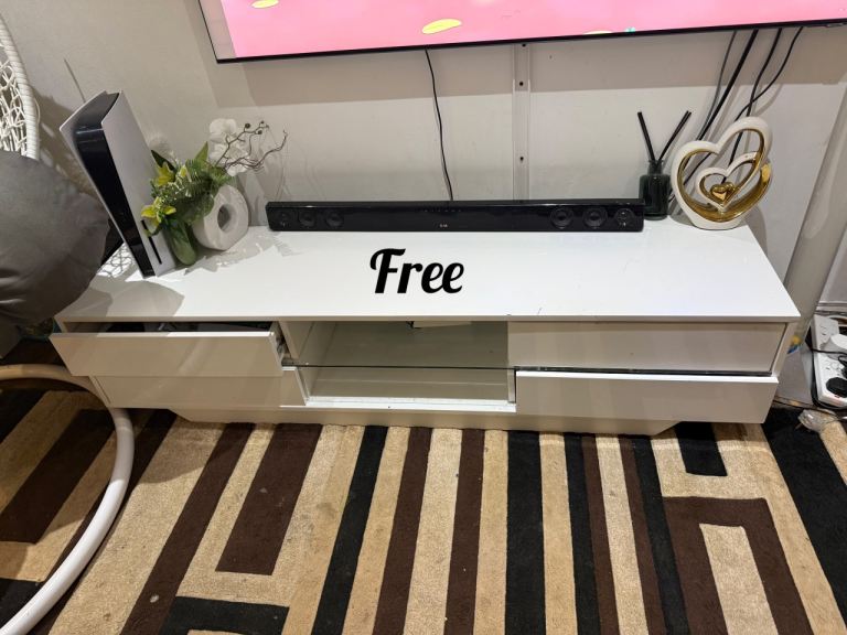 Free White TV Unit with Drawers and Glass Shelf – Good Condition