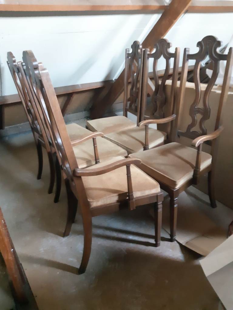 Six vintage solid oak high back dining chairs