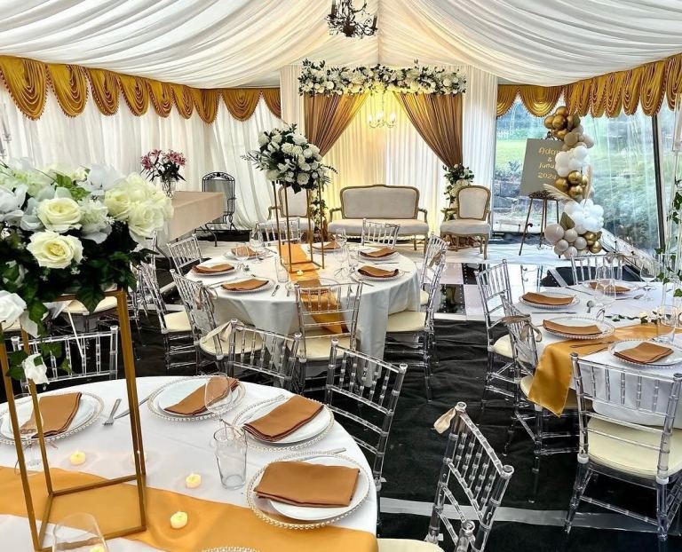 Marquee Wedding Event Setup hire only– Tables, clear Chairs & Decor
