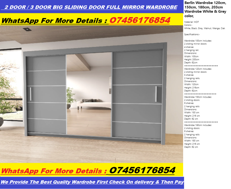 Quality Brand! Full Mirror Sliding Wardrobe - Chicago Wardrobe - Milan Wardrobe- Berlin Wardrobe