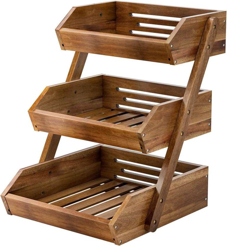 Acacia Wood Fruit Basket, 3 Tier Fruit Stand Bowl Holder Bread Vegetable Storage Rack for Kitchen