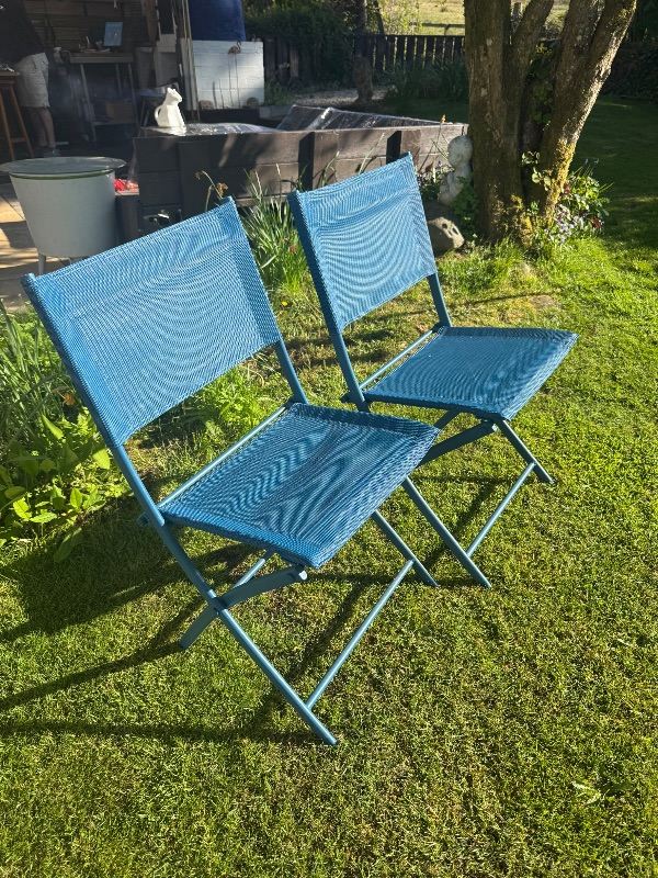 Two Blue Folding Garden Chairs – good condition 