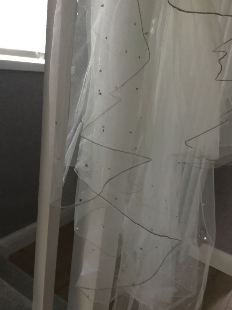 Beautiful veil. Italian lace. Swarovski Crystal. Gold/silver delicate beads. 