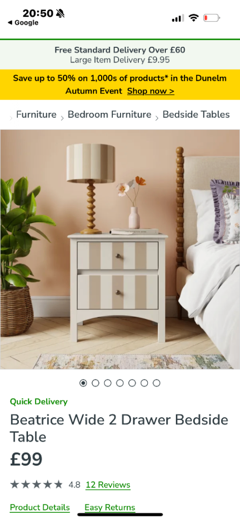Bedside table /side table (ONE) from Dunelm with two draws still sold by Dunelm
