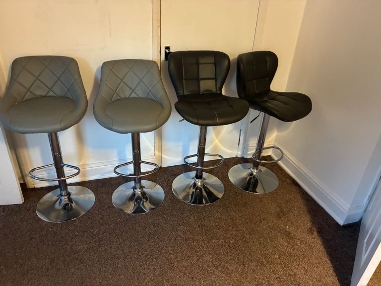 Set of 4 Adjustable Bar Stools – Grey & Black, Good Condition