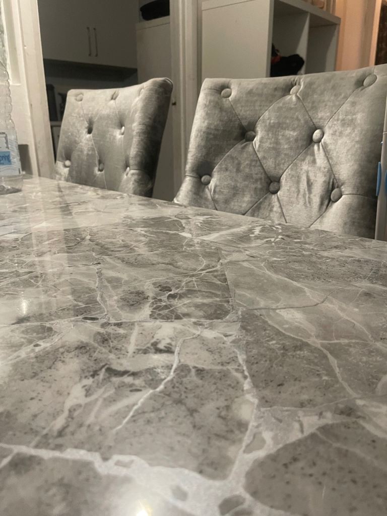 Modern Grey Marble Dining Table & 6 Velvet Chairs