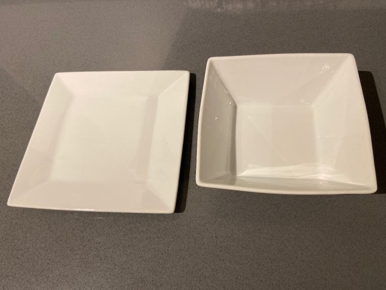 7 White Square Ceramic Plates and 7 Bowls – Good Condition