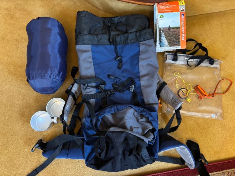 Duke of Edinburgh camping kit Rucksack Sleeping Bag Whistle Compass waterproof map protector 
