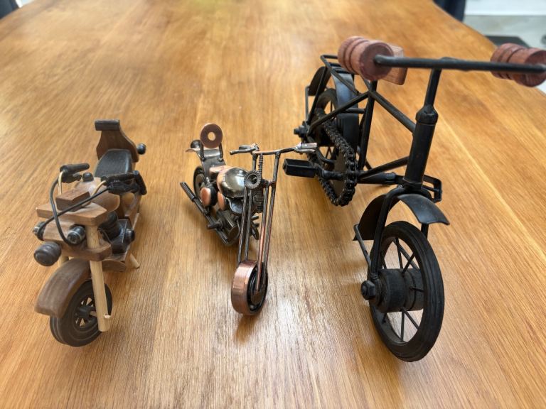 Set of 3 Decorative Metal and Wood Motorcycle Models