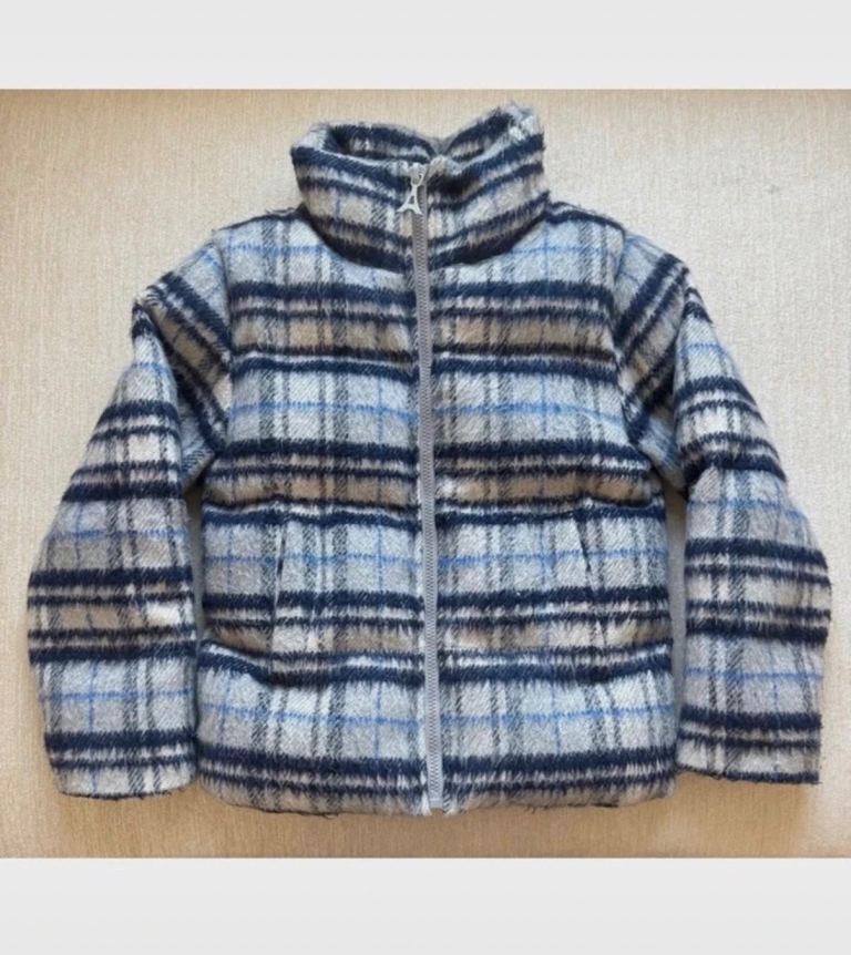 Maniere De Voir Blue Brushed Check Puffer Jacket - XS, New