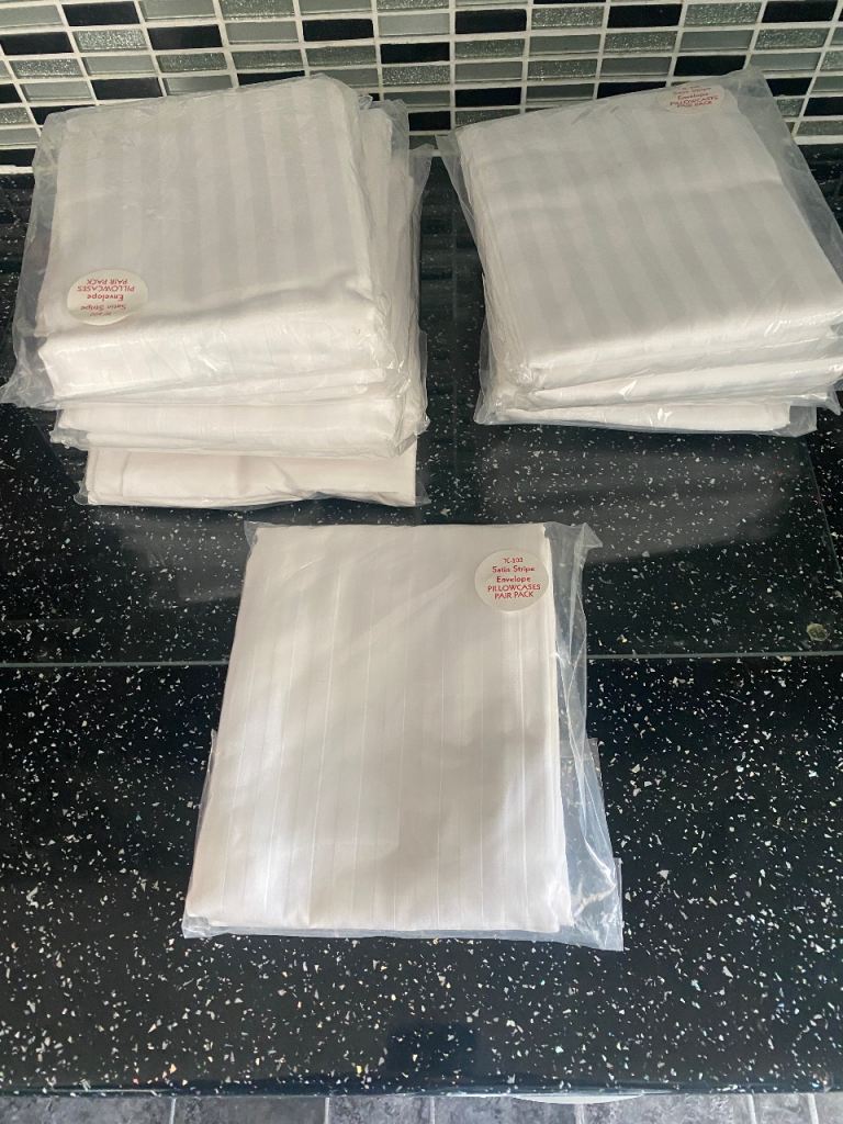10 packs brand new white satin stripe pillowcases 